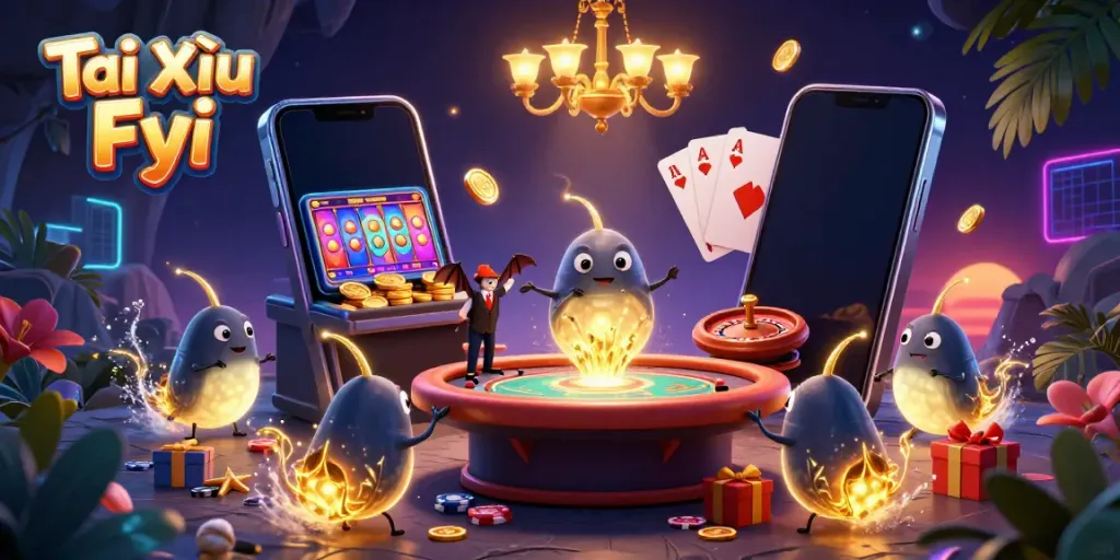 Tài Xỉu Fyi showcases animated glowworms illuminating a vibrant cave casino scene filled with colorful gaming elements.
