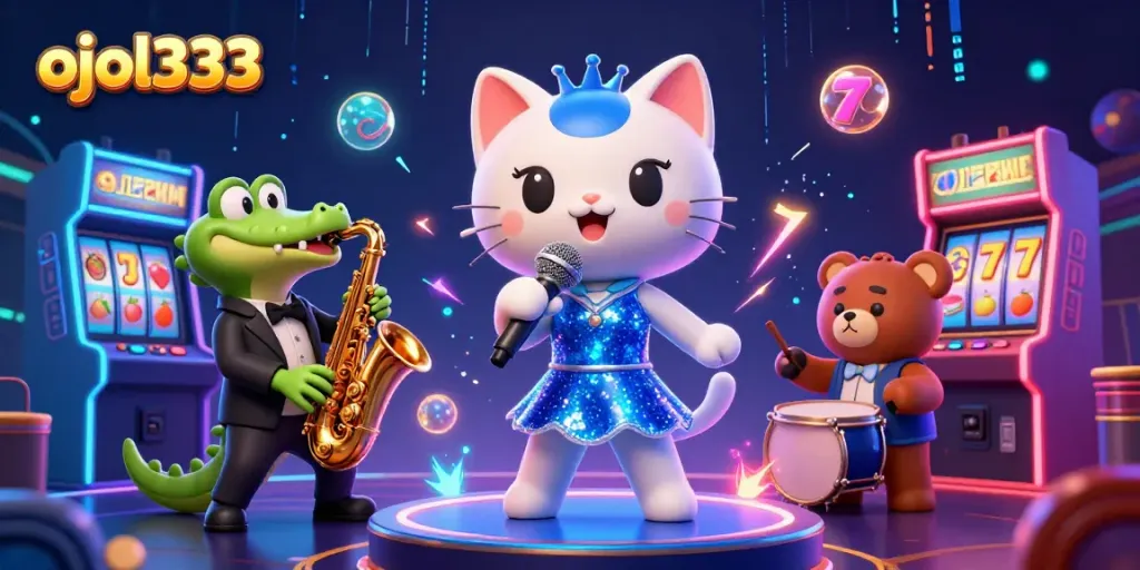 Join the fun at ojol333 with a jazzy cat, crocodile, and bear enjoying slots in a vibrant casino scene.