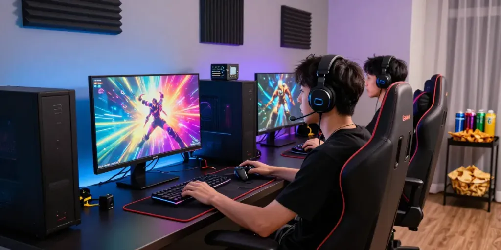 Người chơi f168 hào hứng trong không gian game hiện đại với thiết bị công nghệ cao.