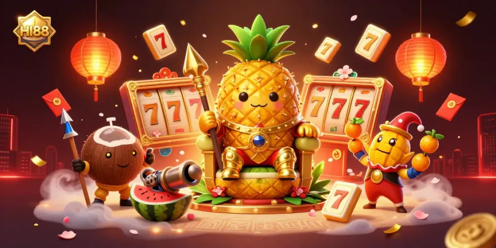 Spin the reels at HI88 Casino with a vibrant 3D illustration featuring a golden pineapple king and magical elements.