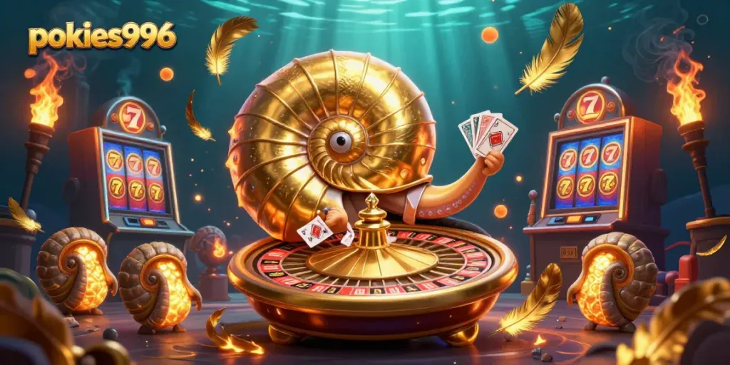 Spin and win with pokies996 in an energetic 3D casino scene featuring a giant nautilus as a roulette wheel.
