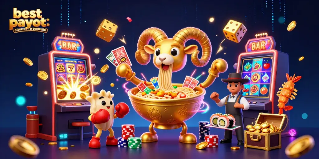 Engage with top online games at the best payout casinos in Australia, featuring dynamic cartoon characters and vibrant casino elements.