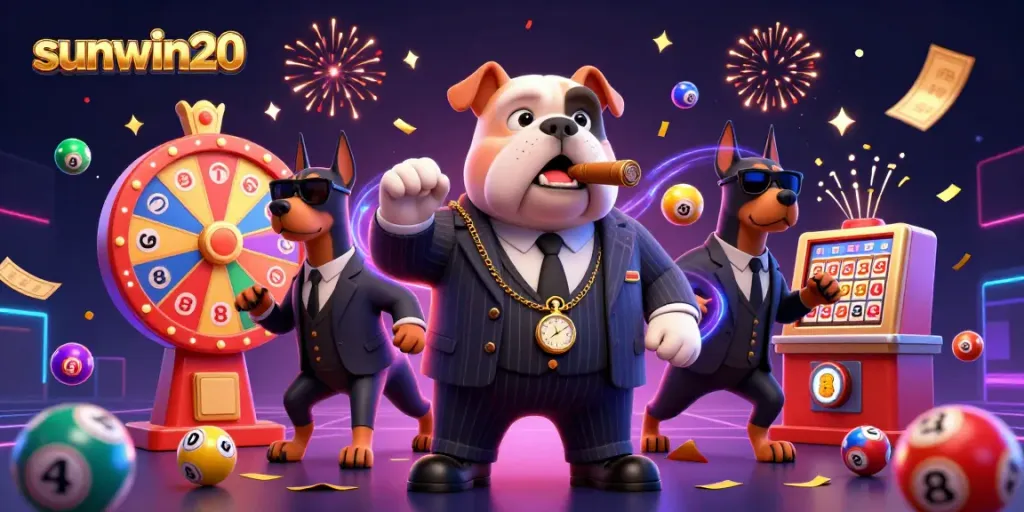 Win big with sunwin20 in this vibrant casino-themed illustration featuring exciting lottery games.
