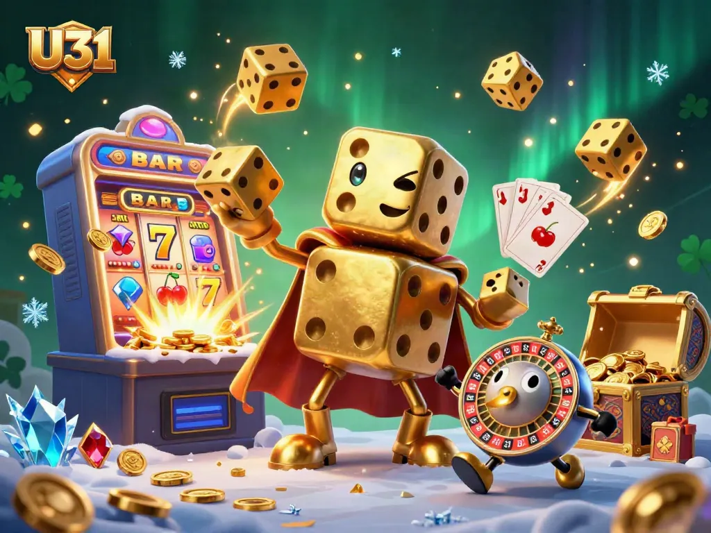 Engage with U31's mega jackpot with golden dice golem and vibrant casino scene.
