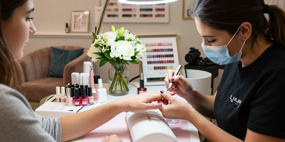 Proses layanan kecantikan dengan nail art LUXURY 12 di salon mewah.