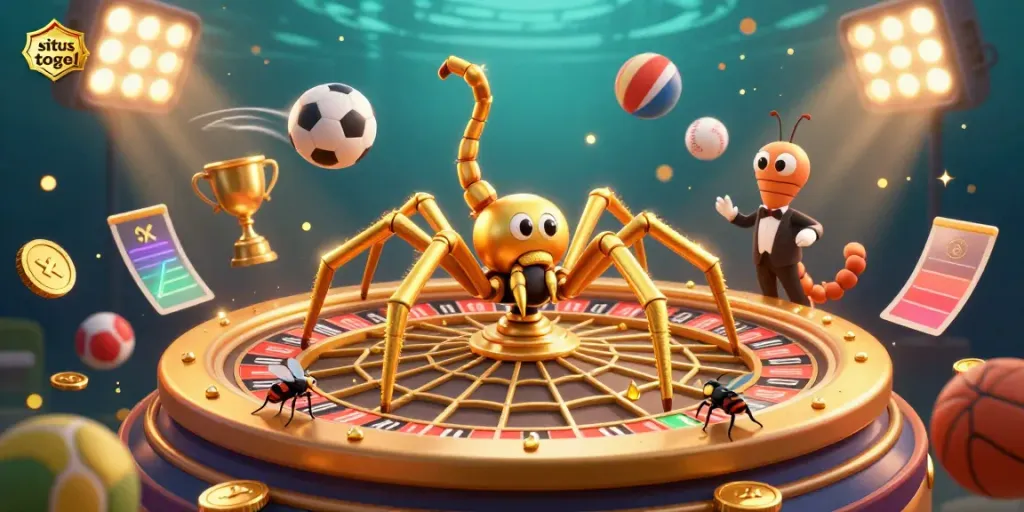 Witness situs togel excitement as a golden spider spins a roulette wheel web while a fly places bets, surrounded by dynamic sports elements.