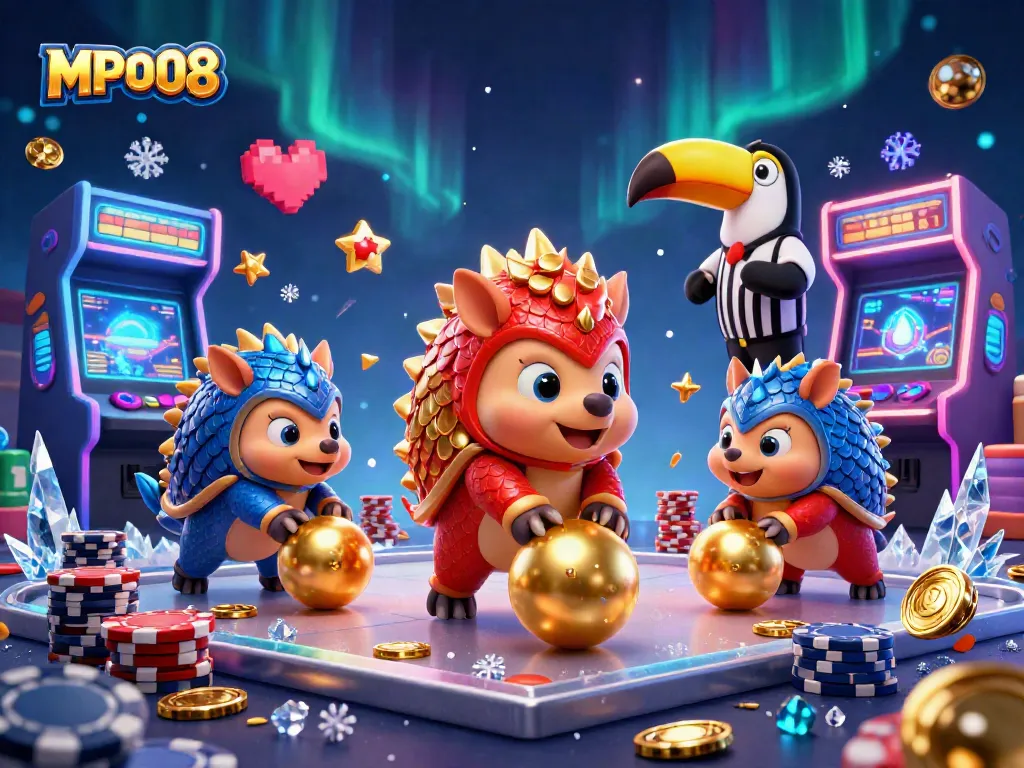 MPO08 offers thrilling gameplay as cartoon pangolins compete with casino chips amidst a vibrant gaming environment.