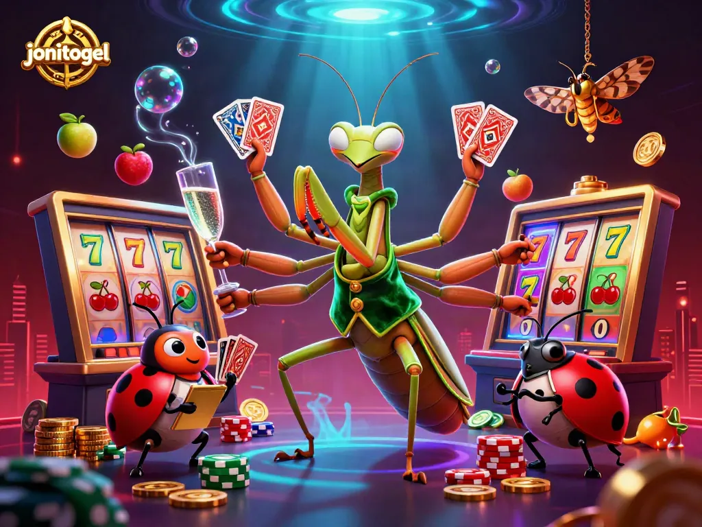 Experience thrilling gaming action with jonitogel featuring a vibrant scene filled with slot reels, sparkling coins, and animated characters.