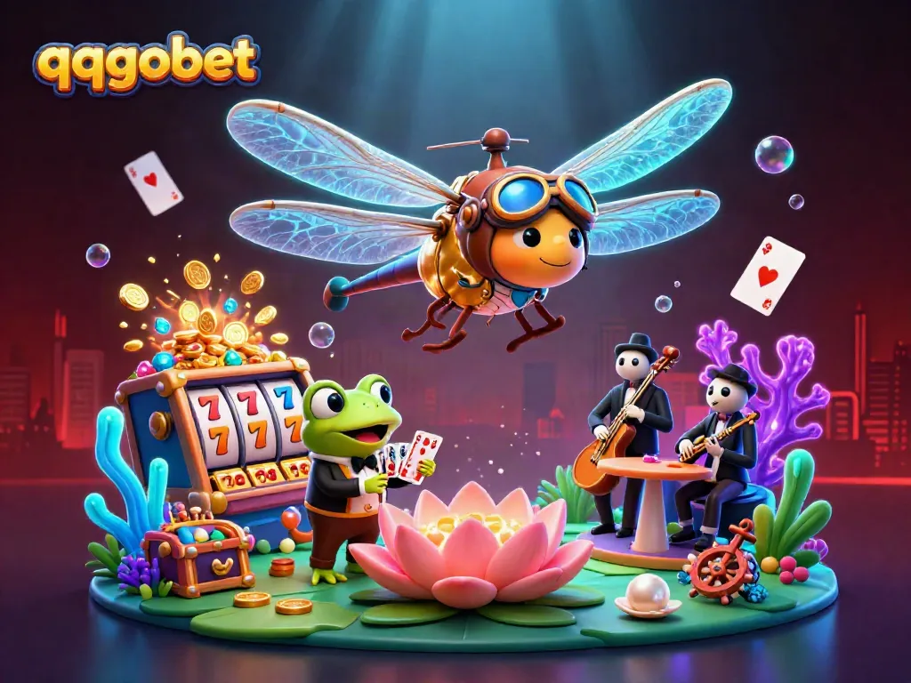 Experience the thrill of qqgobet with a lively 3D scene of a dragonfly pilot and casino frog dealer.