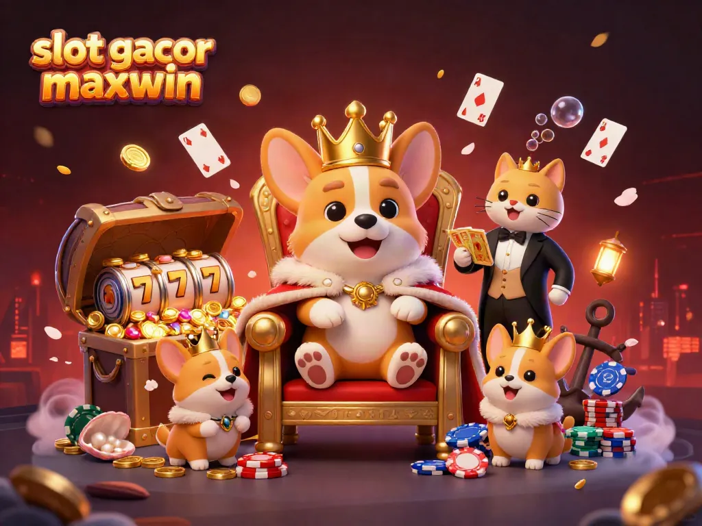 Experience excitement with the slot gacor maxwin as a royal corgi reigns upon a throne made of poker chips.