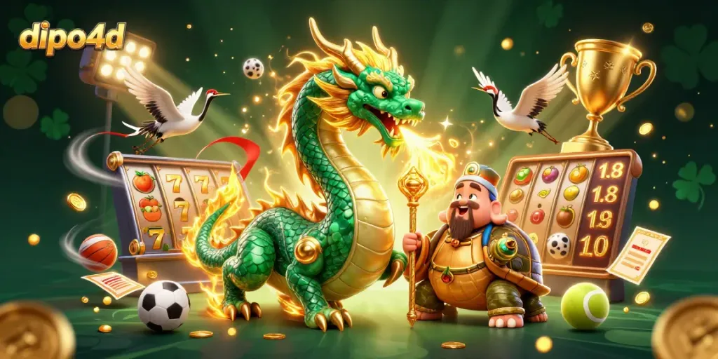 Experience exciting slot adventures with dipo4d, featuring dragons, cranes, and vibrant casino elements.