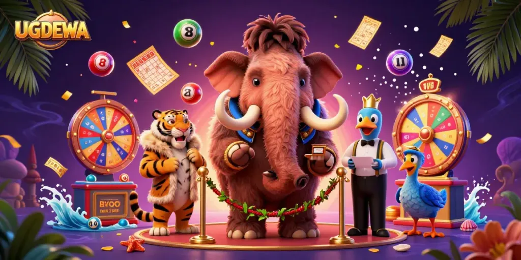 Experience the excitement of UGDEWA with a vibrant casino scene featuring dynamic lottery elements and whimsical characters.
