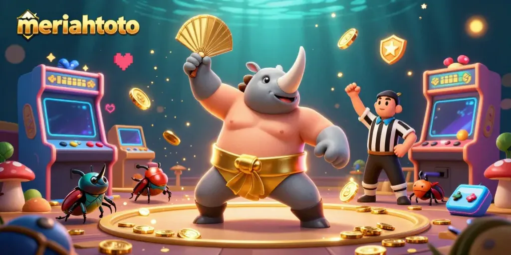 Meriahtoto memperlihatkan juara sumo kumbang badak beraksi di kasino online dengan koin emas berterbangan
