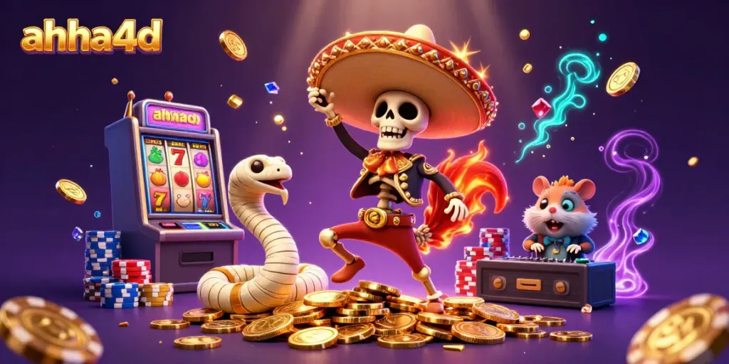 Experience thrilling wins with ahha4d's vibrant slot machines, showcasing vibrant symbols and golden coins.