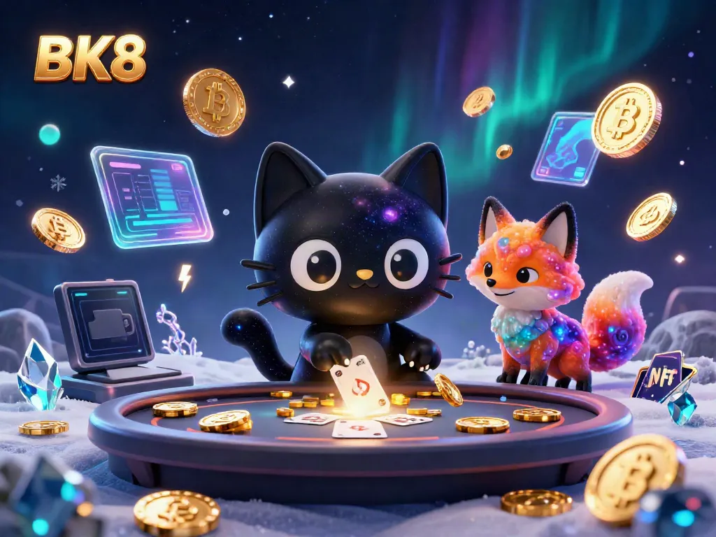 Engage with BK8's dynamic casino scene featuring a whimsical black hole cat and galaxy fox amidst crypto-themed elements.