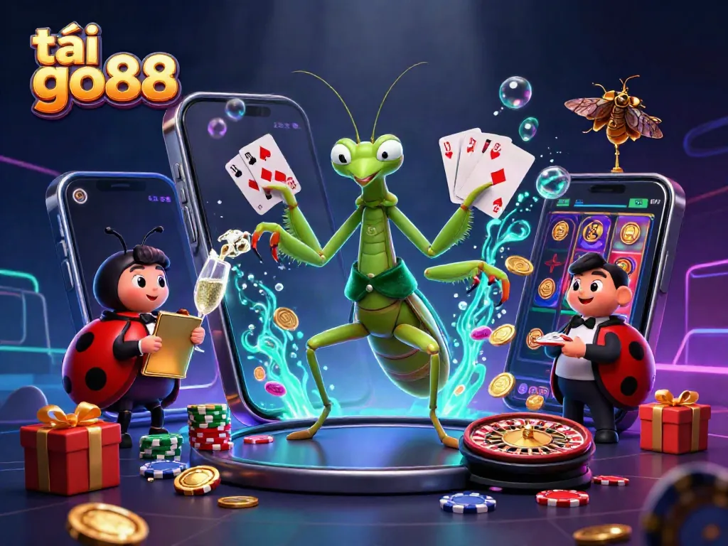 Enjoy the excitement and action of tải go88 with this dynamic gambling scene featuring a praying mantis card sharp and ladybug pit boss.