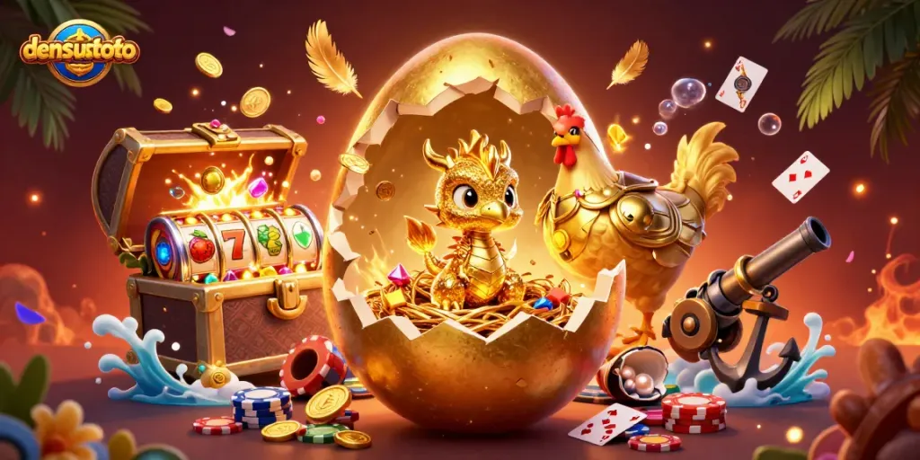 densustoto menampilkan ilustrasi kasino dengan naga emas dan simbol slot yang mengesankan