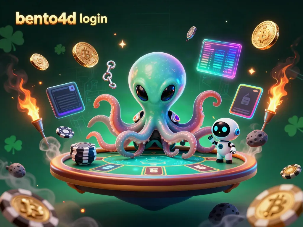 Join the bento4d login event featuring a cosmic octopus managing a poker game with vibrant digital elements.