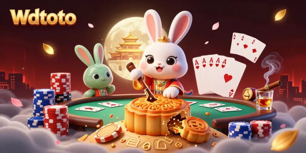 Wdtoto menghadirkan suasana kasino dengan kelinci bulan yang bermain poker dan grafik yang menarik.