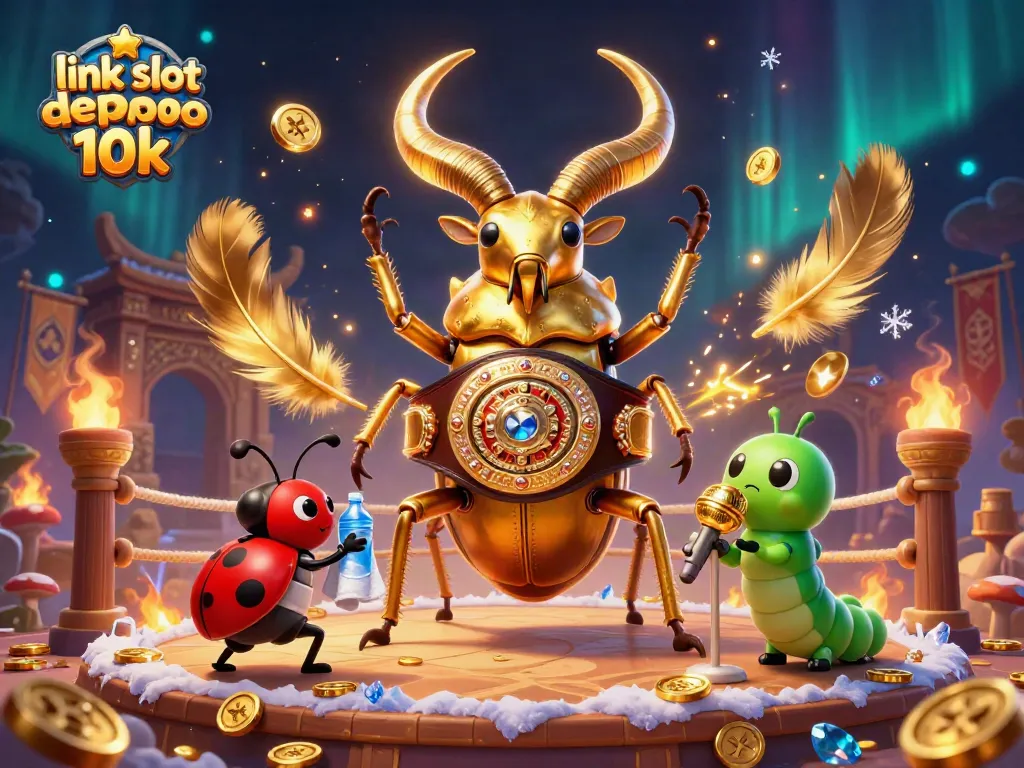Spin to win with link slot depo 10k, featuring a vibrant scene of casino characters and gold tokens.
