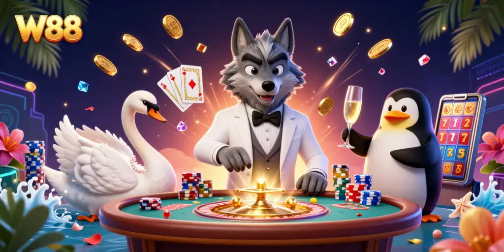 W88 casino scene showcasing a debonair wolf, swan dealer, and penguin sommelier amidst vibrant gaming elements.