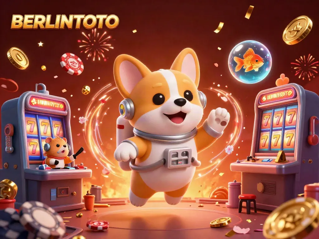Experience the thrill of BERLINTOTO with a playful astronaut corgi and vibrant casino elements.