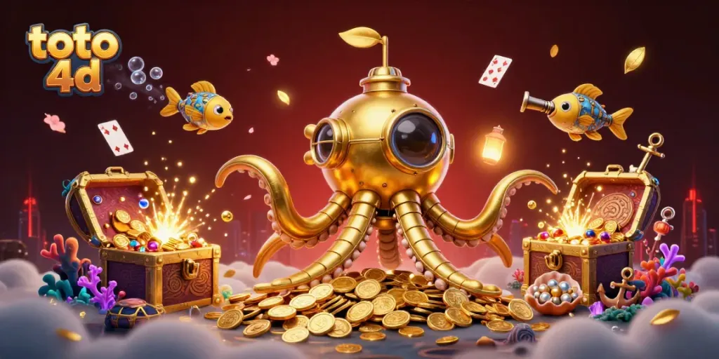 Menggunakan toto 4d untuk kemenangan besar, ilustrasi 3D dengan karakter kraken dan ikan mekanik bertema kasino.