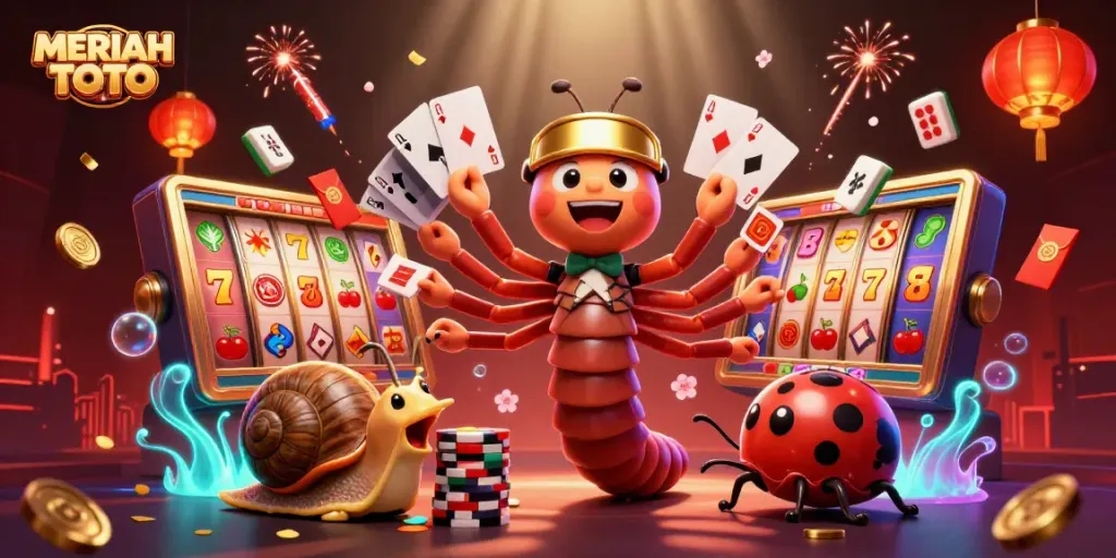 Meriah TOTO menampilkan dealer kartun 3D menarik dengan banyak kartu dan karakter kasino lainnya dalam lingkungan yang penuh gaya.