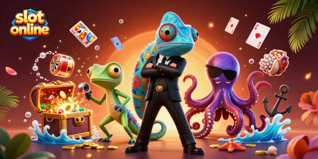 Menangkan jackpot di slot online dengan karakter unik chameleon, gecko, dan octopus dalam ilustrasi berwarna-warni.
