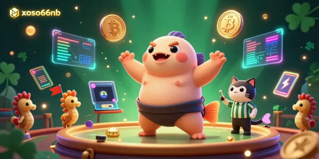 Join the vibrant underwater casino scene with xoso66nb's fugu character and seahorse spectators celebrating crypto jackpots.