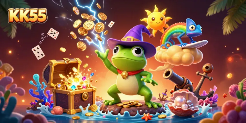 Experience thrilling wins at KK55 with vibrant gameplay featuring a frog wizard and gold coins.