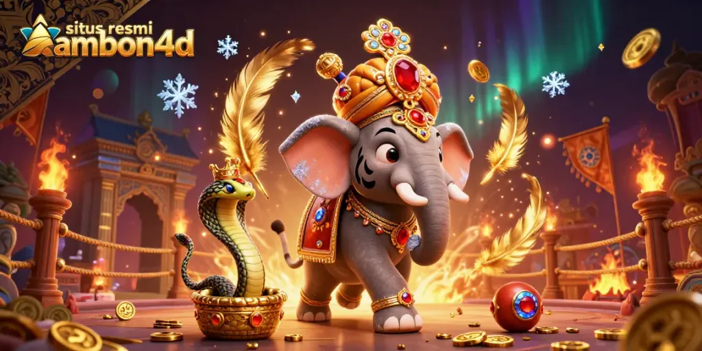 Situs resmi ambon4d showcases thrilling slots with vibrant 3D cartoon characters, an energetic casino atmosphere rich in details.