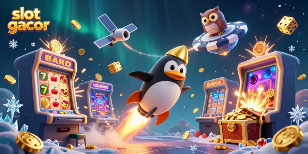 Experience thrilling slot gacor excitement with a cartoon penguin and jackpot visuals in a vibrant casino scene.