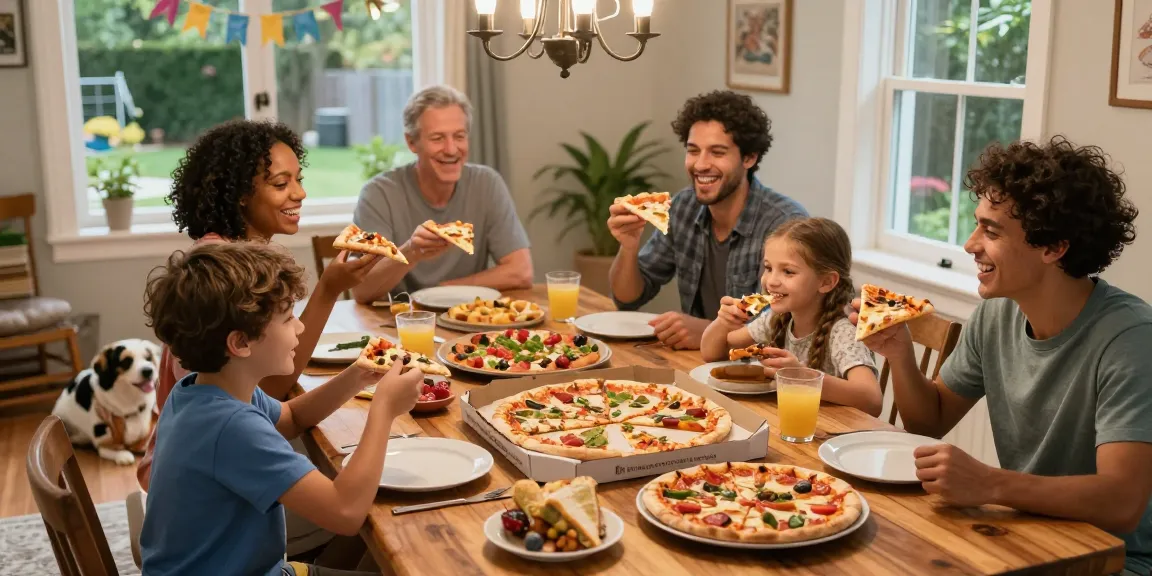 Family enjoying a pizza night together with pokemontoto pizza toppings in a cozy dining room.