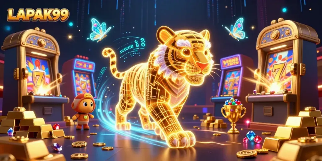 LAPAK99 showcases a vibrant 3D casino scene with a neon tiger and captivating slot machines.