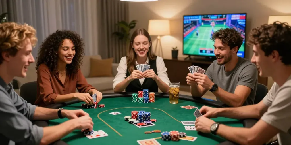 Permainan Kediritoto yang seru dengan teman-teman yang bersenang-senang di meja poker.