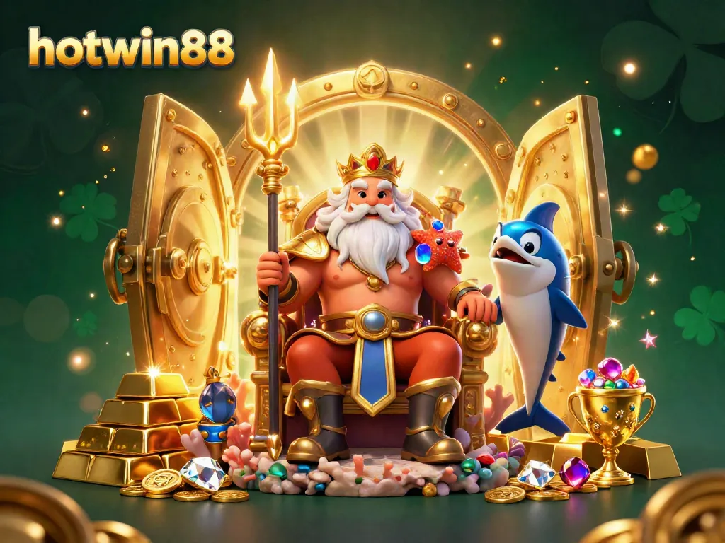Experience excitement at hotwin88 with a vibrant 3D illustration of Neptune and treasures.