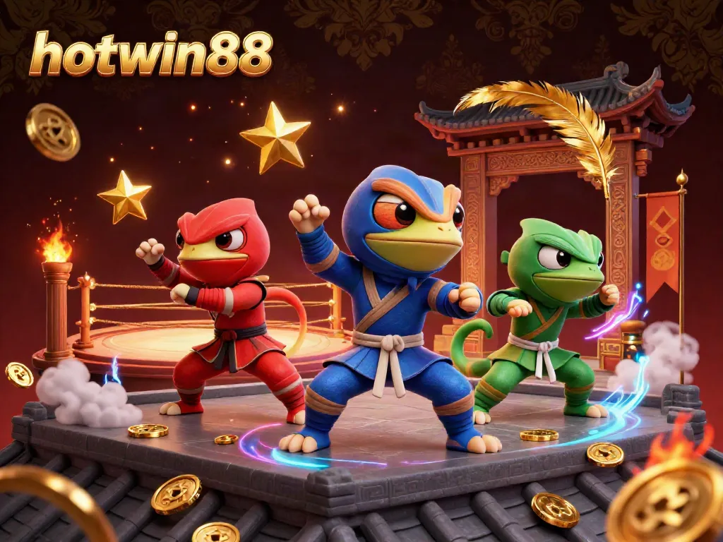 Win big with hotwin88's immersive slot experience, illustrated with vibrant chameleon ninjas.