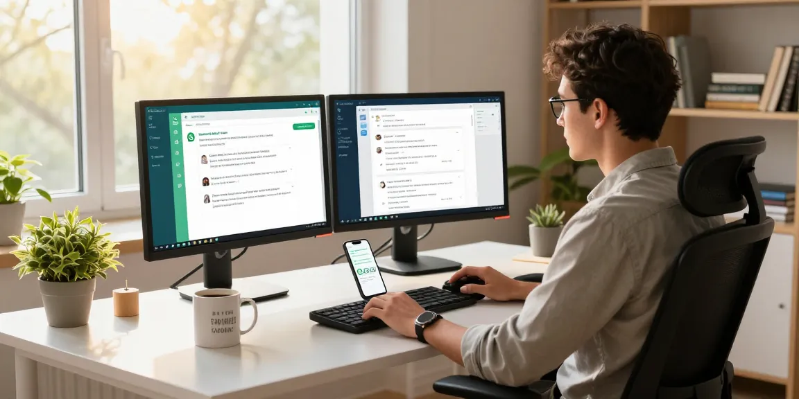 Engaging home office setup with WhatsApp電腦版 on dual monitors and smartphone notifications.