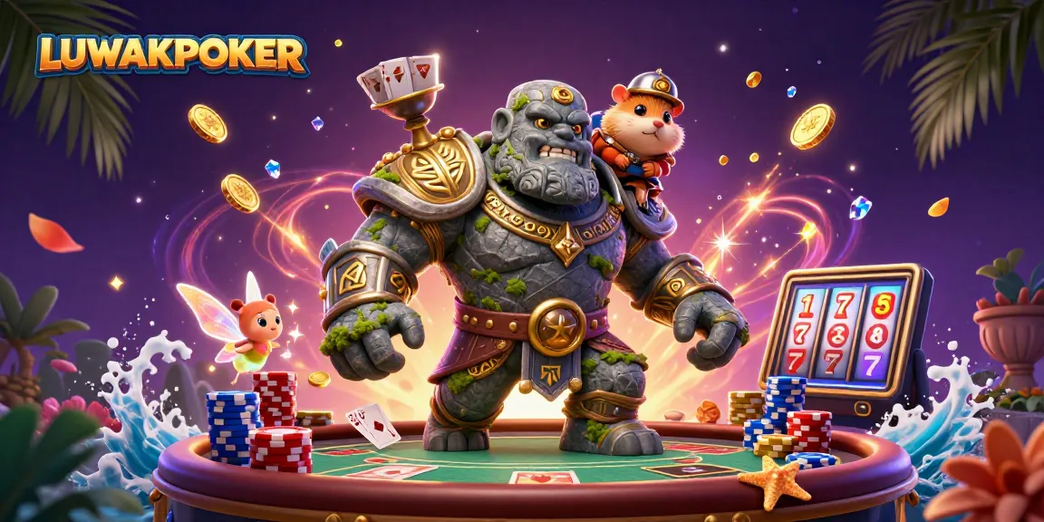 LUWAKPOKER brings the thrill of poker with vibrant illustrations of a golem and knight.