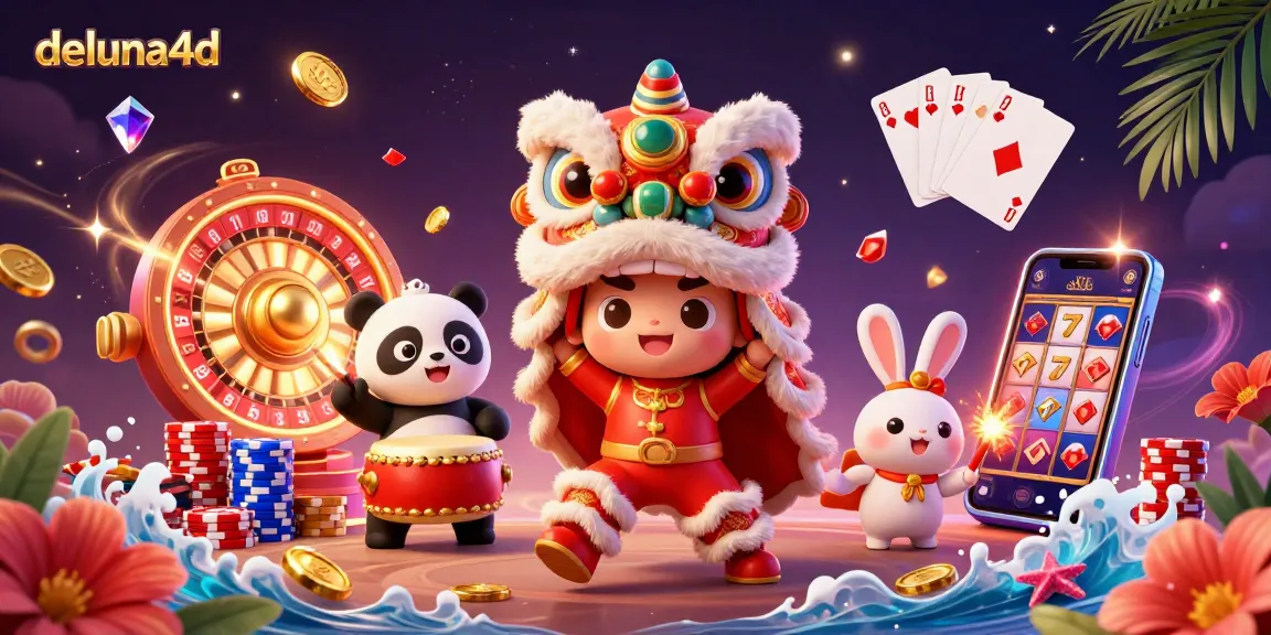 Experience festive gambling with deluna4d showcasing a lion dance and vibrant casino elements.