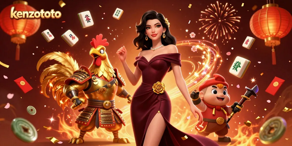 Kenzototo showcases an exhilarating 3D scene with a glamorous woman and golden rooster warrior in an electrifying casino backdrop.