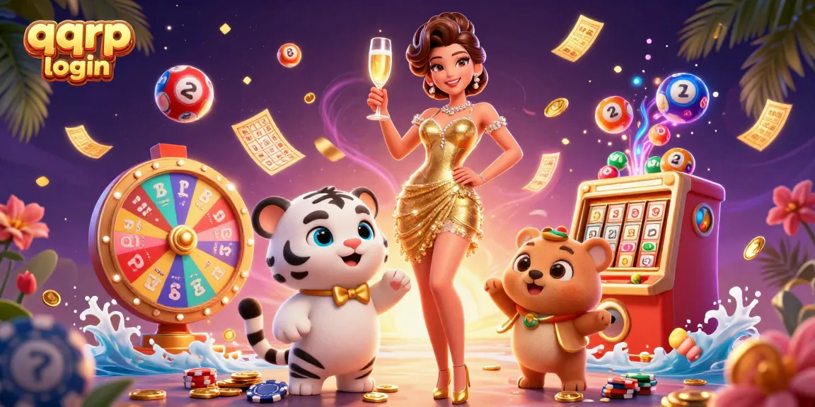 Engage with exciting games at qqrp login, featuring a glamorous scene of a woman and a lucky tiger with casino elements.