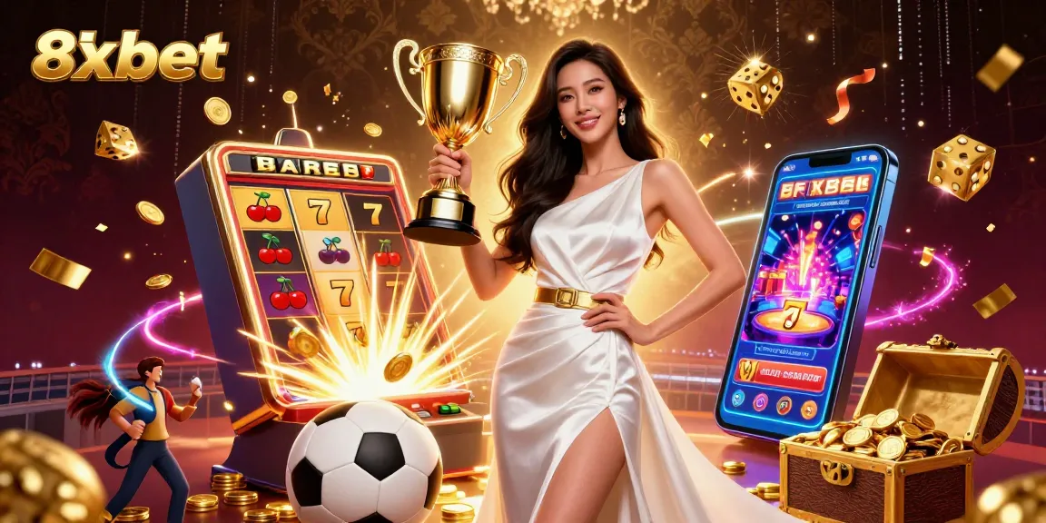 Engage with 8xbet's exciting casino experience featuring a winning Asian woman holding a trophy amidst dynamic betting elements.