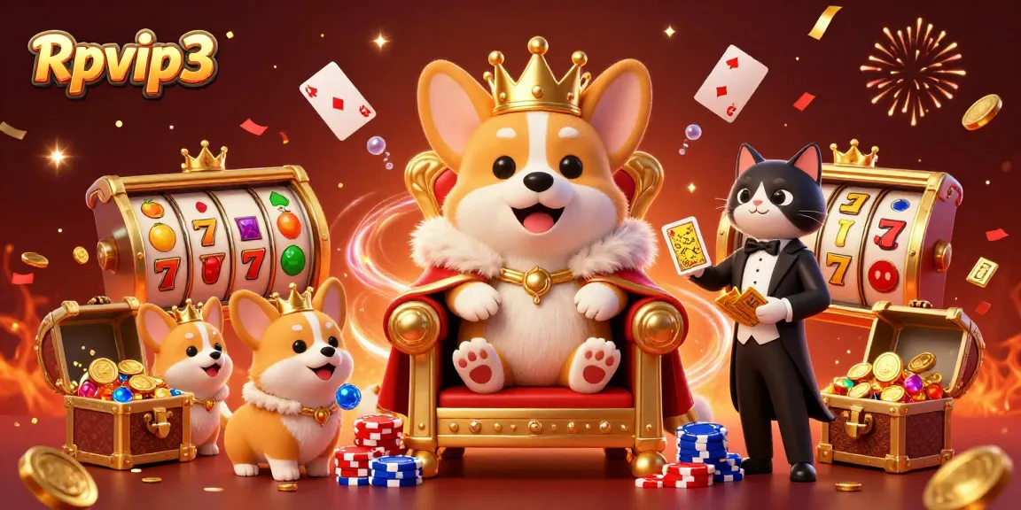 Terlibat dengan Rpvip3 dalam ilustrasi 3D yang cerah ini menampilkan ker royalty corgi kerajaan di tengah elemen kasino yang hidup.