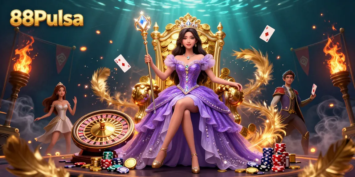 Experience excitement with 88Pulsa in a vivid casino scene featuring vibrant gaming elements and luxurious characters.