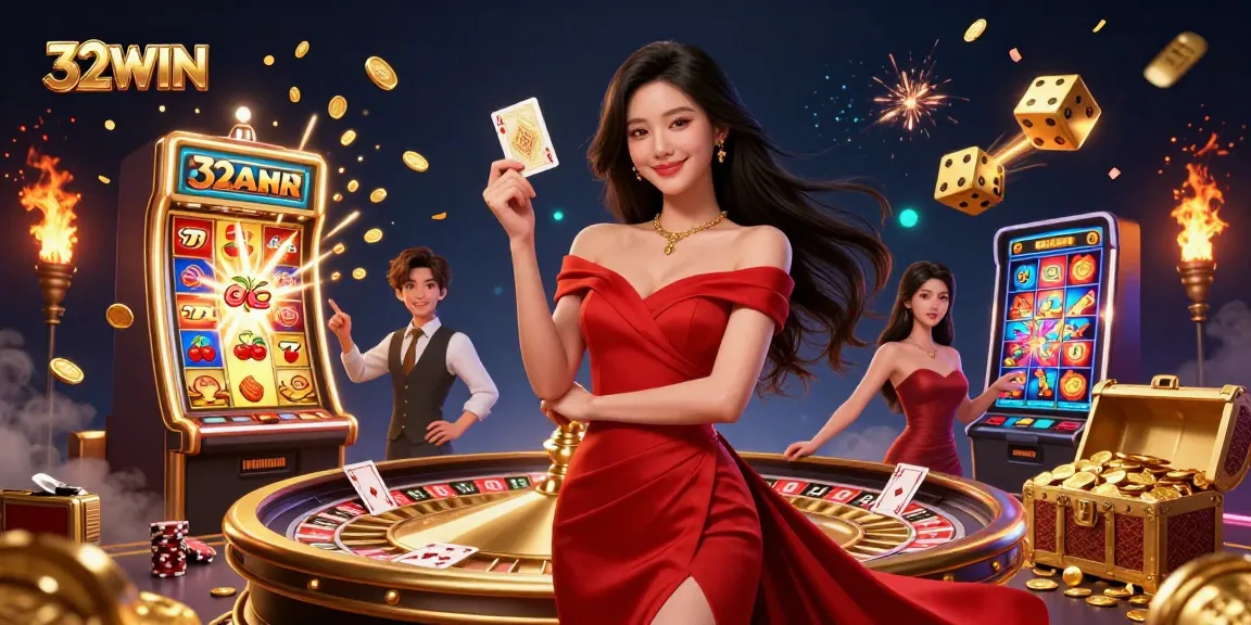 Experience thrilling gameplay at 32WIN with a vibrant casino scene featuring a beautiful Asian woman, roulette, and jackpots.