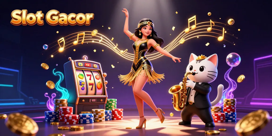 Win big with Slot Gacor, featuring vibrant 3D illustrations of spinning reels, coins, and a festive atmosphere.