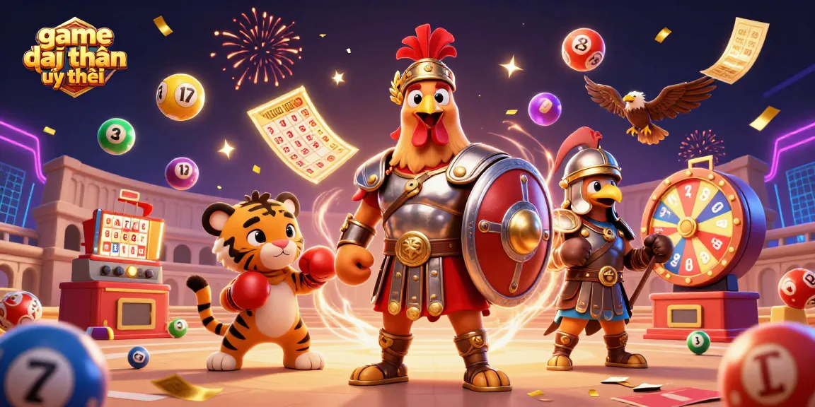 Exciting gaming scene showcasing game đổi thưởng uy tín with a cartoon rooster warrior, vibrant lottery elements, and dynamic prizes.