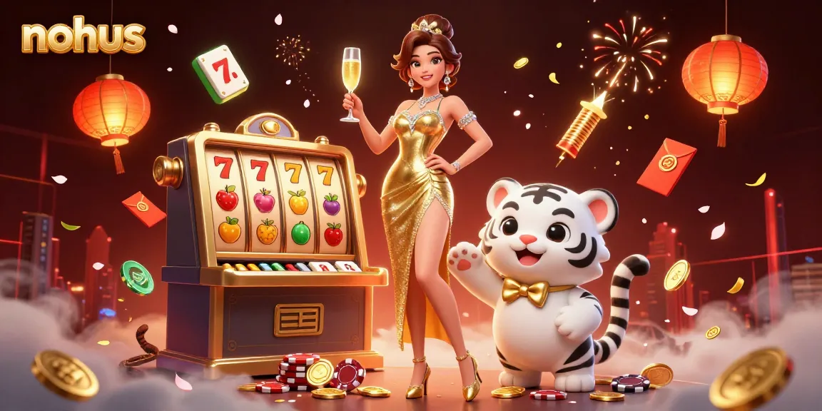 Engage in thrilling slots action with nohus while celebrating wins alongside a glamorous woman and a lucky tiger cub.